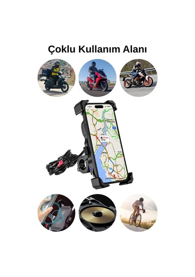 Motosiklet Uyumlu Kablosuz Şarjlı Telefon Tutacağı Abs Plastik + Metal Siyah Renk