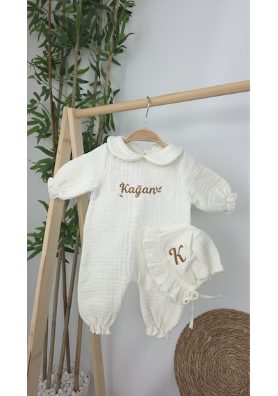 Gros Shop Müslin Yeni Doğan 4katlı Organik %100pamuk Kişiye Özgü Nakışlı Hastane Çıkış Seti Yaprak Desen-2 Ekru-2