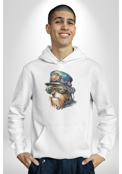 Tren Sürücüsü Gözlüklü Yorkshire Kadın Erkek Beyaz Kapüşonlu Sweatshirt Hoodie Beyaz