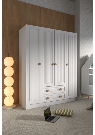 4 Kapak 2 Çekmece Gardırop Mdf Kapak Ceviz - Beyaz