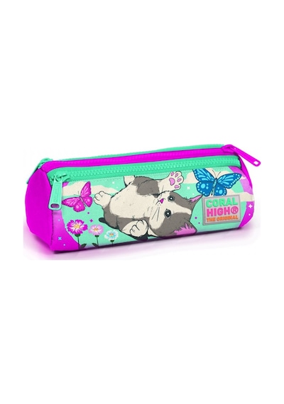 Coral High Pembe Sevimli Kedi Baskılı Üç Bölmeli Kalem Çantası -K