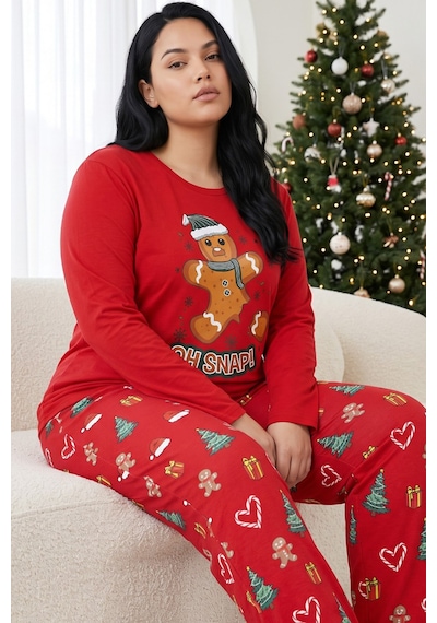 Siyah İnci Pamuklu Likralı Büyük Beden Battal Boy Örme Pijama Takım 26240926 Kırmızı