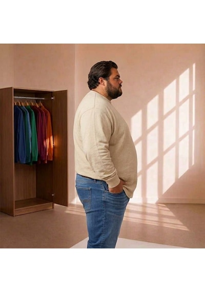 Sngl Tekstil Erkek Büyük Beden Oversize 20/1 Penye Uzun Kollu Sweatshirt Ekru