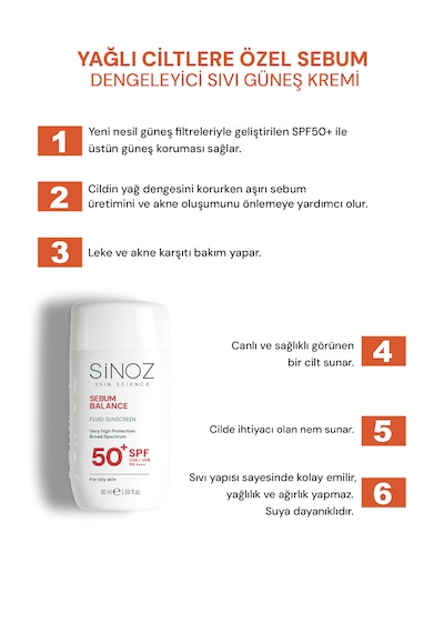 Sinoz Yağlı Ciltler için Sıvı Yüz Güneş Kremi SPF50+ 50 ML