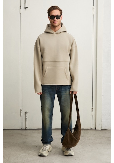 Grımelange Colega Erkek Yumuşak İçi Polarlı Organik Pamuklu Kanguru Cepli Taş Rengi Sweatshirt Taş Rengi