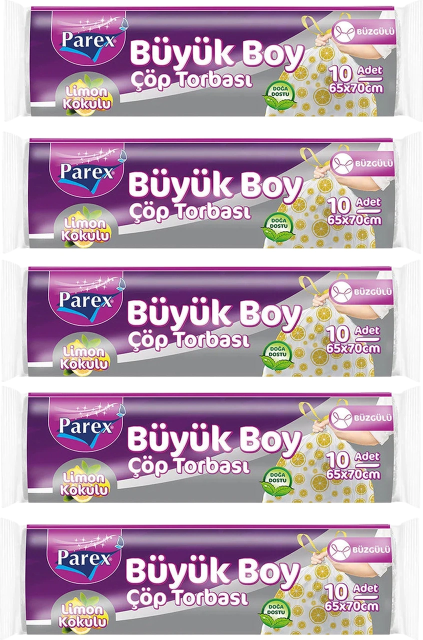 Premium 10'lu Büzgülü Çöp Torbası Limon Kokulu Büyük Boy 65 X 70 Cm Beşli Paket