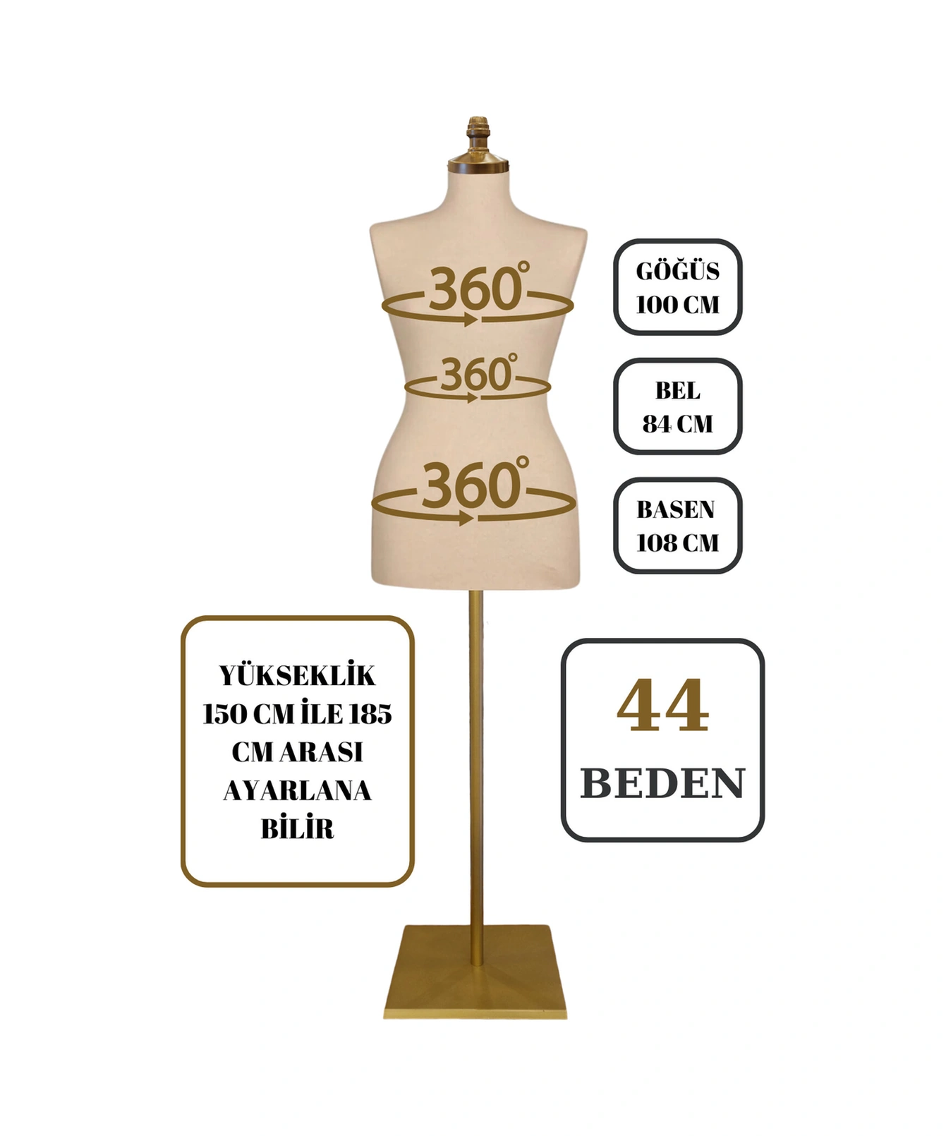44 Beden Iğne Batabilen Terzi Mankeni Prova Mankeni Sünger Manken Gold Ayaklı Krem Kumaş Po-01