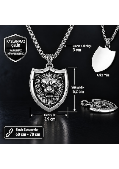 Paslanmaz Çelik Kabartma Kalkan Detaylı Kral Aslan Kolye Metalik Gümüş