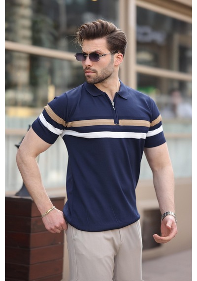 Madmext Lacivert Fermuarlı Polo Yaka Triko Erkek T-shirt E7299 Lacivert
