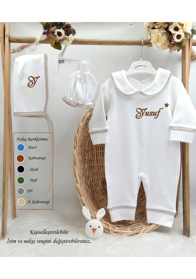 Gros Shop Biyeli 3'lü %100 Pamuklu Hastane Çıkış Tulum Seti Kişiye Özgü İs Kahverengi