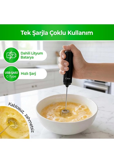 Kcw-1224 Şarjlı Kablosuz Mini Mikser Tek Bardaklık Ayran, Kahve Ve Yumurta Çırpıcı, Kapaklı Type-c Güçlü Süt Köpürtücü Belirtilmemiş