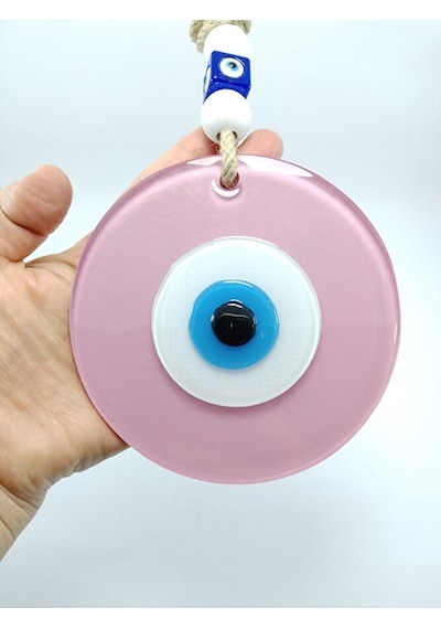 Opak Toz Pembe Nazar Boncuğu El Yapımı Cam Duvar Dekoru 12 Cm Hed