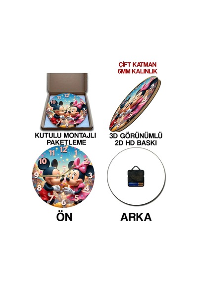 Mickey & Minnie Temalı Renkli Mdf Duvar Saati 3d Görünümlü, Sessiz Mekanizmalı, 2d Hd Baskı Sdw242 Renkli