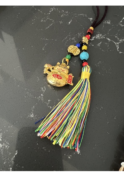 Feng Shui Bereket Ve Şans Kedisi Asılabilir Dekor /maneki Neko Gold Püsküllü Araba Aynası Süsü 1 Adet