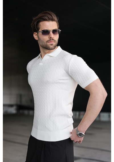Madmext Beyaz Slim Fit Polo Yaka Triko Erkek Tişört E7472 Beyaz