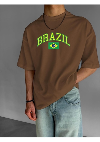 Brazıl Baskılı Oversize Tişört Kahverengi