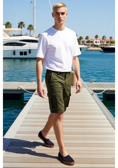 Benerly Erkek Şort Slim Fit Kargo Cepli Gabardin Dokuma Normal Bel Boru P Haki