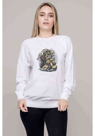 Scooter Smoker Baskılı Beyaz Kadın Sweatshirt