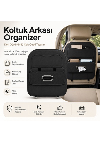 Araç Koltuk Arkası Organizer Deri Görünümlü Çok Gözlü Mendil Çıkışlı Siyah