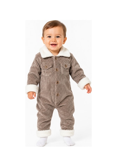 Chicsy Baby Tatlı Premium Çizgili Kadife İçi Peluşlu Welsoft Detaylı Düğmeli Cepli Erkek Bebek Tulum Kahverengi