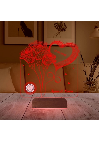 Luvivia Gül Kalp Sevgiliye Hediye Kişiye Özel Metal Saatli 3d Lamba - Masa Gece Lambası