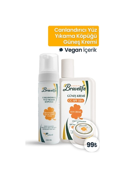 Bravelife Canlandırıcı Yüz Yıkama Köpüğü Ve Spf 50+ Güneş Koruyucu 2 Li Cilt Bakım Seti