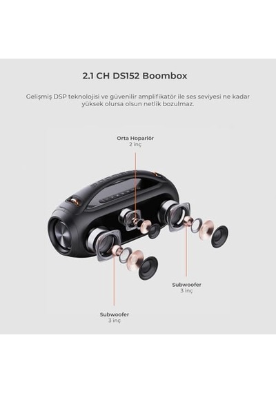 Ds152 35 Cm Büyük Boy Boombox Bluetooth Hoparlör 36w, Çift 3 Subwoofer, Rgb Aydınlatma, Ipx5 Suya Dayanıklı, T