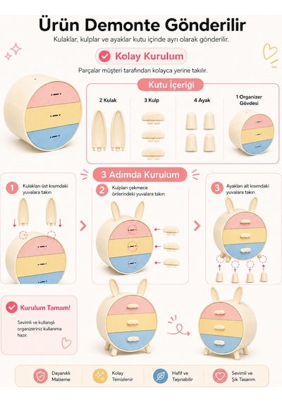 Tavşan Kulaklı Makyaj Ve Takı Organizeri 3 Çekmeceli Masaüstü Kozmetik Düzenleyici Pastel Renkli Makyaj Organizeri Çok Renkli
