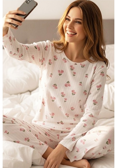 Siyah İnci Yumuşak Tuşe Kışlık Fitilli Pamuklu Örme Pijama Takım 7956 Beyaz Pembe Lale