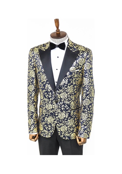 Wessi Gold Gül Desenli Slim Fit Lacivert Erkek Smokin Ceket Lacivert
