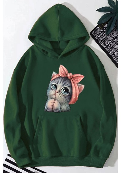 Medinenur Sevimli Kedi Baskılı Kadın Kapüşonlu Sweatshirt Yeşil