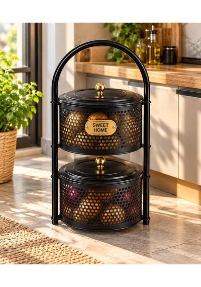 Arvıona Home 2 Katlı Kapaklı Metal Sebzelik Patates Soğan Saklama Sepeti Siyah Gold