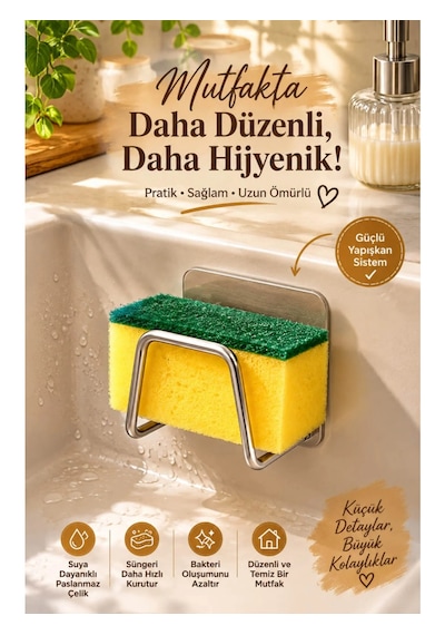 2 Adet Paslanmaz Bulaşık Süngeri Tutucu Yapışkanlı Askılık Pratik Mutfak Düzenleyici