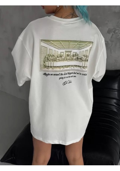 Modi Unisex Baskılı Oversize T-shirt - Beyaz - Mymg98309
