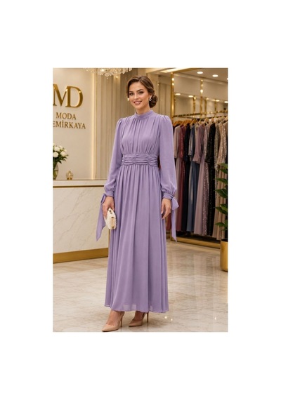 Dorne Moda Lila Büzgülü Ve Pileli Şifon Astarlı Nişan Ve Mezuniyet Elbisesi Mor Mor
