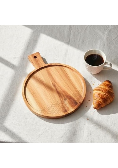 Doğal Akasya Ahşap Yuvarlak Sunum Tahtası Ve Servis Tepsisi 28.5 Cm Özel Motif Desenli Ve Kulplu Pizza, Peynir Ve Pasta Tabağı 15cm