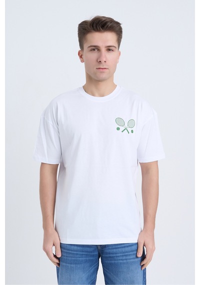Velvoria Unisex Oversize Relaxed Tennis Baskılı Beyaz Renk T-shirt