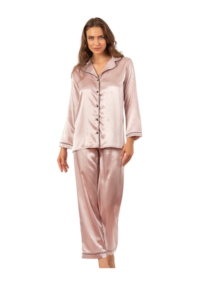 Ahu Biyeli Uzun Kol Saten Önden Düğmeli Pijama Takımı Pudra 7647 Pudra