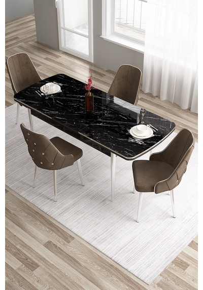 Canisa Tia Serisi 80x132 Mdf Açılabilir Siyah Mermer Desen Krom Detay Masa Takımı Ve 4 Kahverengi Sandalye Masa Siyah Mermer Desen Sandalye Kahve Canisa Tia Serisi 80x132 Mdf Açılabilir Siyah Mermer Desen Krom Detay Masa Takımı Ve 4 Kahverengi Sandalye Masa Siyah Mermer Desen Sandalye Kahve