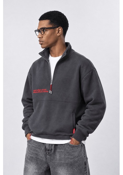 Respire Erkek Reset Baskılı Lastik Detaylı Half Zip Oversize Sweatshirt Füme