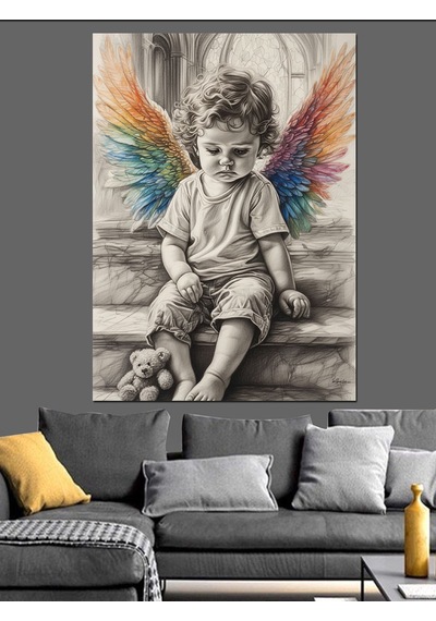 Ahşap Tablo Kanatlı Peri Bebek Çizimi Hayvan Tabloları