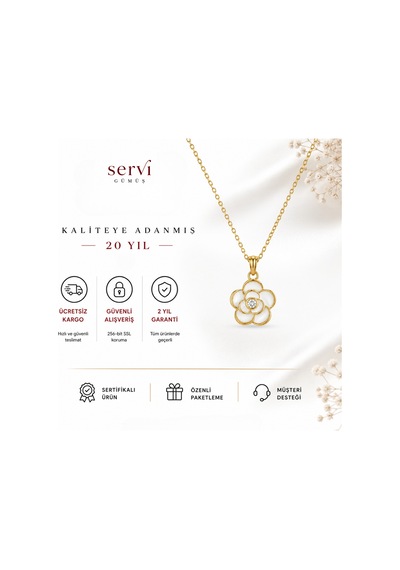 Servi 925 Ayar Gümüş Bianca Beyaz Mineli Gül Kolye-300 Gold - Gümüş