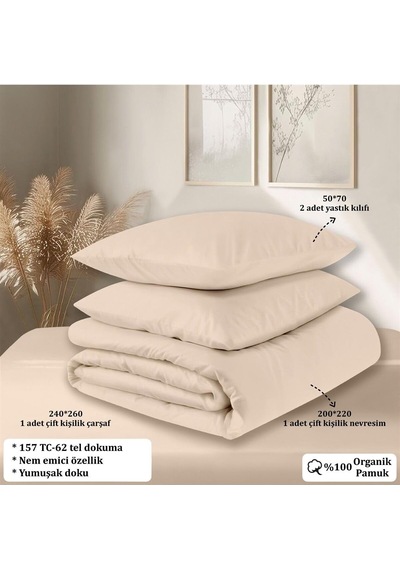 Organik Pamuk Akfil Nevresim Takımı Çift Kişilik 200x220 Cm Pudra Pudra 200 X 220 Diğer