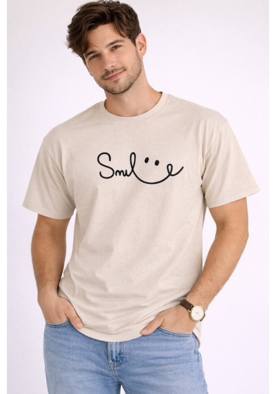 Nevermind Unisex Tişört Smile Baskılı Basic Oversize Günlük Rahat Bej
