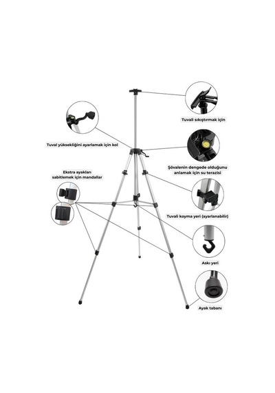 Katlanabilir Alüminyum Tripod Şövale - Kollu Yükseklik Ayarlı, Su Terazili, Gümüş
