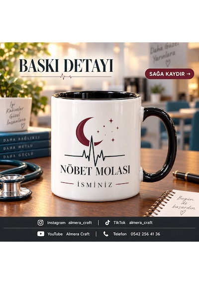 Almera Craft Kişiye Özel İsimli Nöbet Molası Kupa Bardak 300 Ml Siyah Kulplu Doktor Hemşire Hediyesi Beyaz-siyah