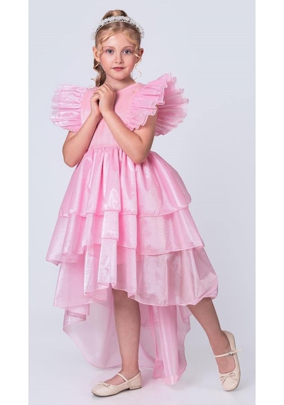 Mnk Baby & Kids Kız Çocuk Kuyruklu , Taçlı Vragia Abiye Elbise M00745 Pembe