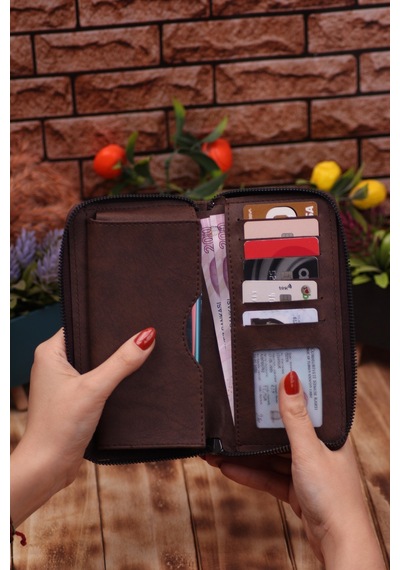 Özka Leather Crazy Kahverengi Telefon Bölmeli Unisex Deri Uzun Kartlık Cüzdan Portföy Siyah