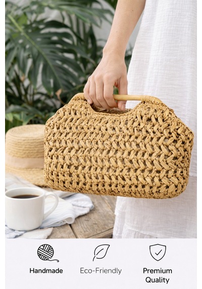 El Yapımı Rafya İp Clutch Portföy Çanta