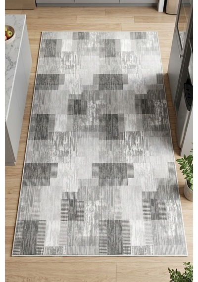 Raschel Carpet Premium Yıkanabilir Leke Tutmaz Modern Mutfak Halısı Modern Gri Özel Seri Kaymaz Taban Halı Çok Renkli